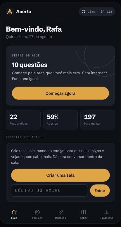 Tela inicial do Acerta com a sessão do dia, as estatísticas do estudante e a área de competir com amigos por código.