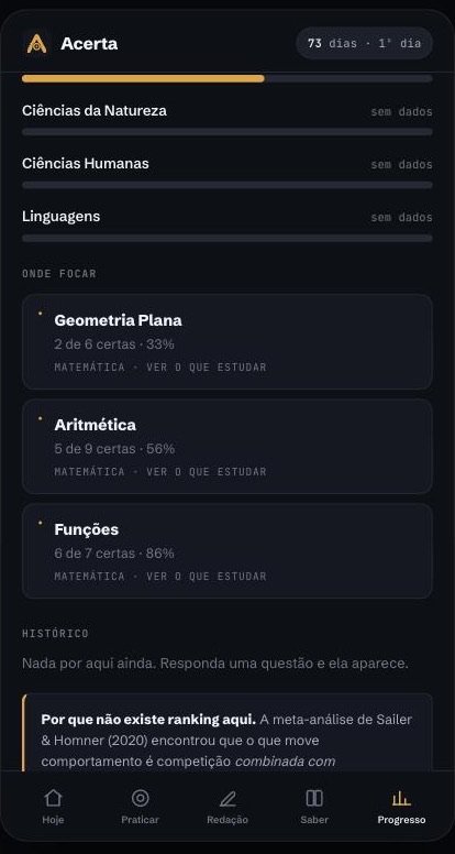 Tela de progresso do Acerta mostrando Onde focar: Geometria Plana com 2 de 6 certas, Aritmética com 5 de 9 e Funções com 6 de 7.